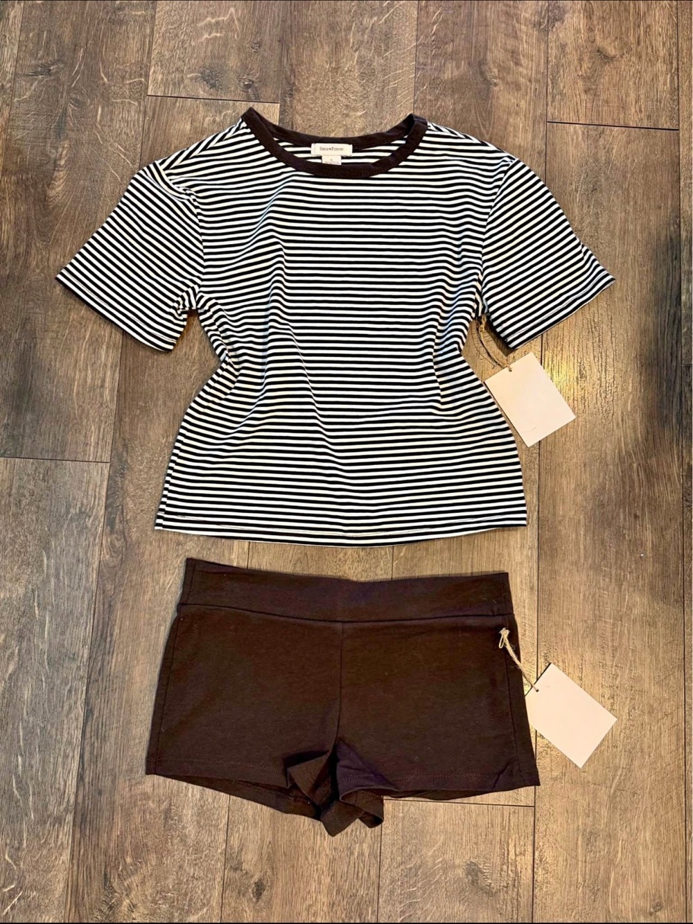 Striped Short-Sleeve Top & Black Knit Shorts Set